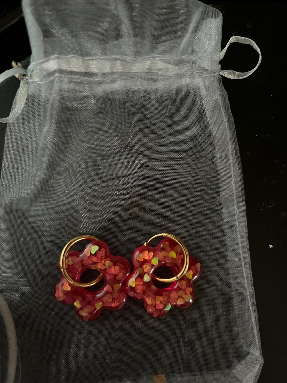 Fashion Jewelry Red Floral Confetti Hoop Earrings with Gold Hoops